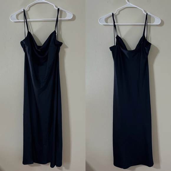 Express Navy Cowl Neck Spagetti Strap Side Slit Satin Midi Dress Size Medium - Picture 2 of 8